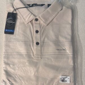 NWT Travis Mathew Beige Perforated Stripe Short-Sleeve Polo